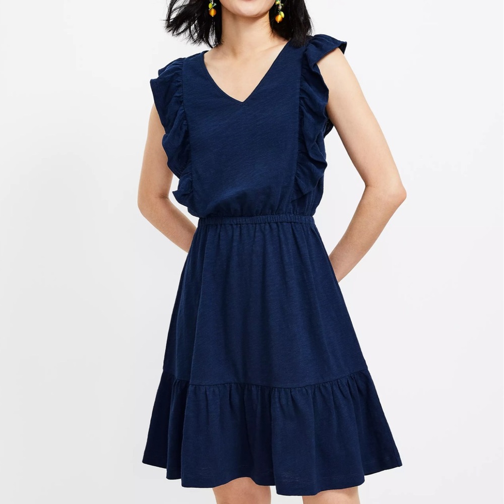 Loft Navy Blue Ruffle V-Neck Dress Size Small